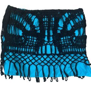 Umgee Boho Festival Hippie Crochet Teal/Black Bathing Suit Coverup Mini Skirt L